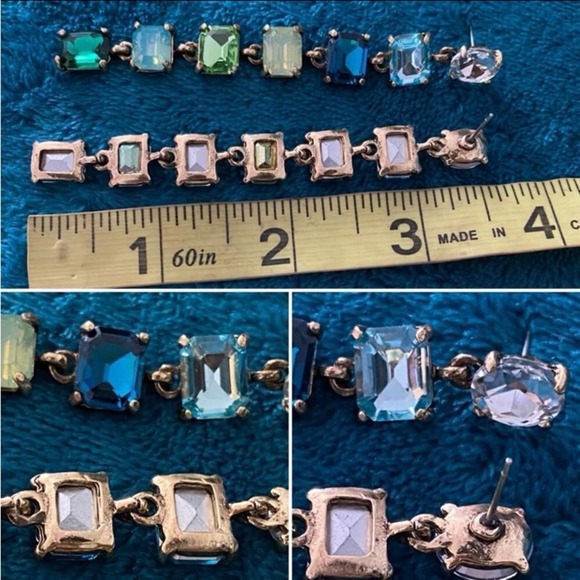 Antique Gold Emerald Cut Crystal Opal Sapphire Aquamarine Tassel Drop Earrings - Picture 12 of 12